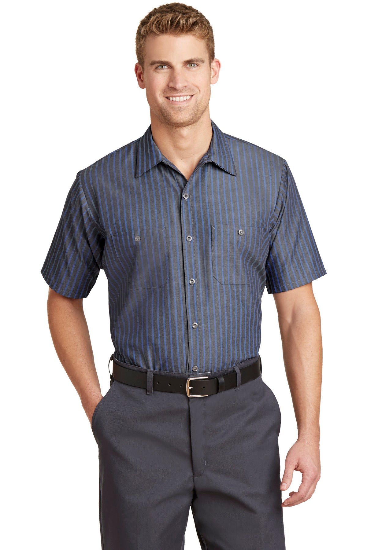 Red Kap® - Short Sleeve Striped Industrial Work Shirt.  CS20
