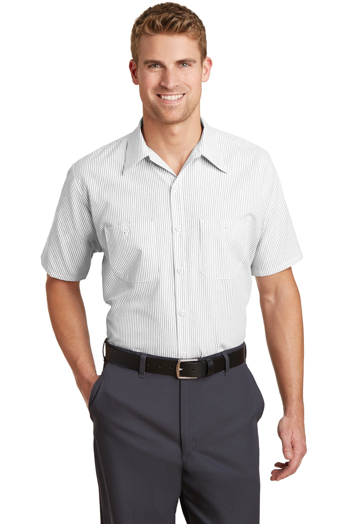 Red Kap® - Short Sleeve Striped Industrial Work Shirt.  CS20